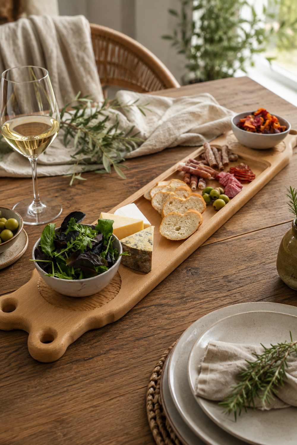 Ash table centrepiece serving board with two stoneware pots