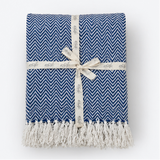 Blue herringbone blanket with white fringe  1005 cotton