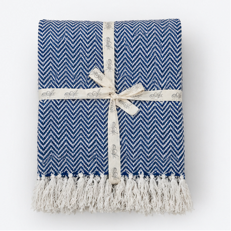 Blue herringbone blanket with white fringe  1005 cotton