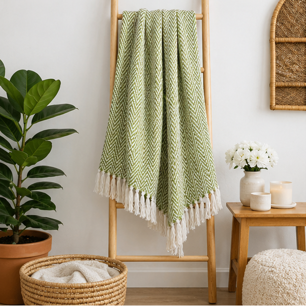 Green herringbone blanket with white tassels displayed on a ladder