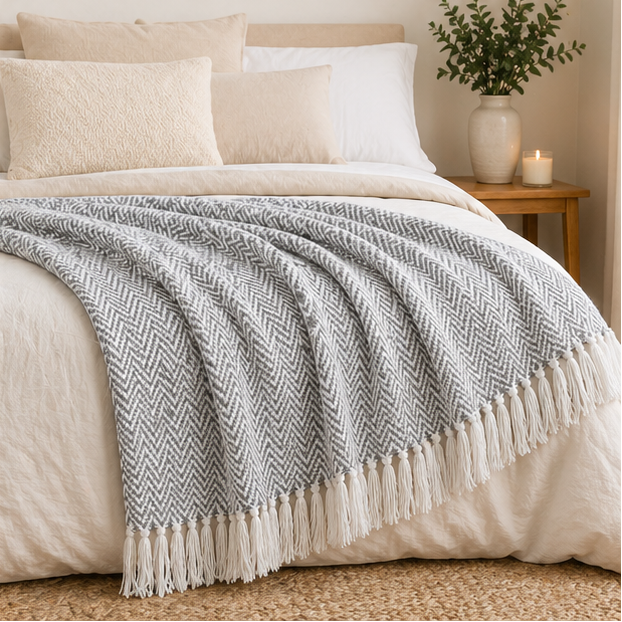 Grey and white patterned throw blanket on a bed.