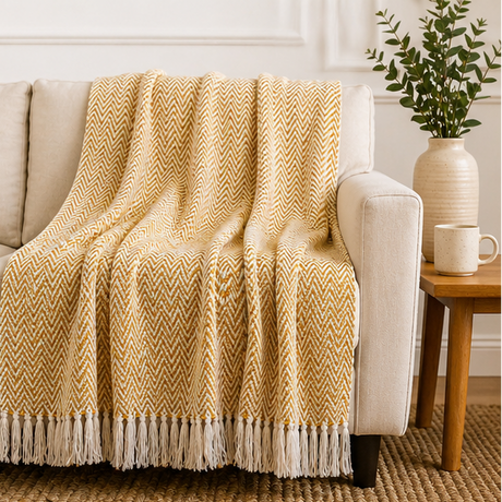 Yellow blanket with white fringe displayed over a sofa.