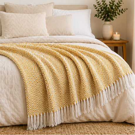 Yellow blanket with white fringe displayed over a bed.