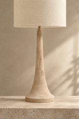 Cream linen drum shade on the Backwell wooden table lamp