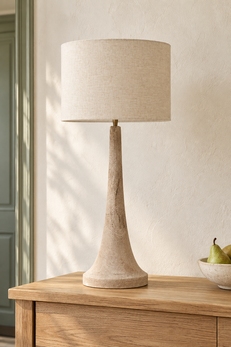 Natural grain and sandblasted texture on the Backwell mango wood lamp base 
