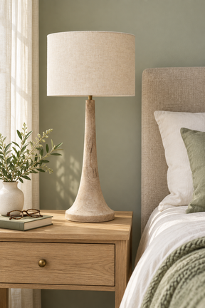 Backwell mango wood table lamp with cream linen shade on a bedside table
