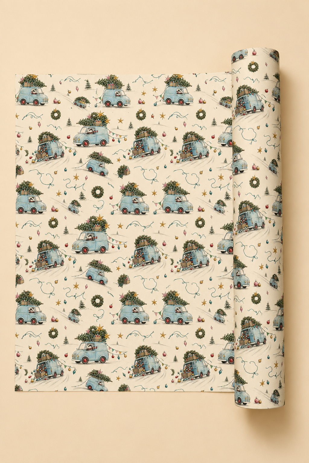A roll of wrapping paper unrolled to show a festive Christmas pattern featuring light blue van with a badger driving carrying Christmas trees, with wreaths, stars, and streamers on a cream background, set against a solid beige backdrop.