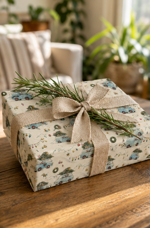 A badger is driving home for Christmas with a pale-blue vintage car piled high with trees, wreaths, crates and baubles. This pencil-sketch Christmas wrapping paper has muted festive colour on a warm ivory background and comes in two paper weights and three useful sizes.