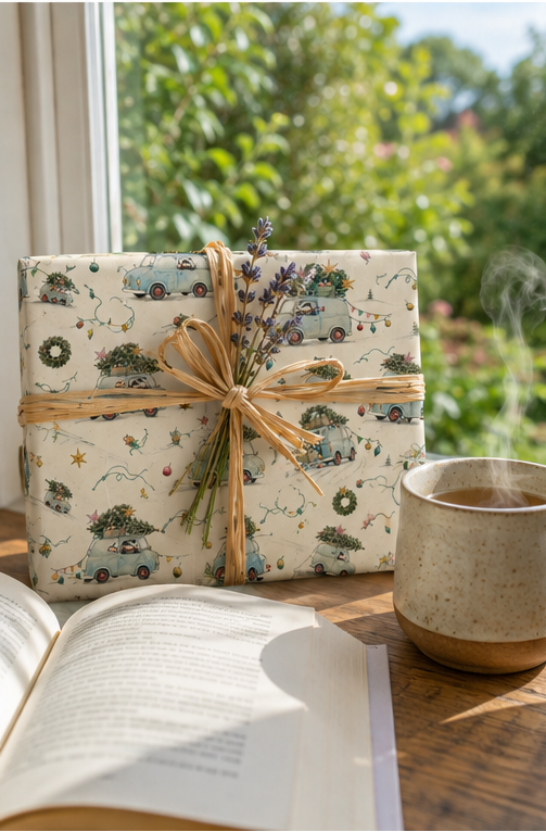 A badger is driving home for Christmas with a pale-blue vintage car piled high with trees, wreaths, crates and baubles. This pencil-sketch Christmas wrapping paper has muted festive colour on a warm ivory background and comes in two paper weights and three useful sizes.