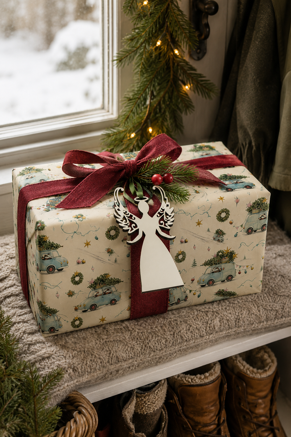 White filigree angel gift tag tied to a Badgering Home for Christmas wrapped present beside a snowy window.