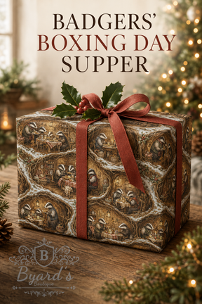 A wrapped gift box with a rustic woodland pattern and a red ribbon bow sits on a wooden table with holiday greenery and warm string lights in the background. Large text at the top reads “BADGERS’ BOXING DAY SUPPER,” and a Byard’s branding mark appears at the bottom left.