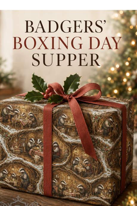 A wrapped gift box with a rustic woodland pattern and a red ribbon bow sits on a wooden table with holiday greenery and warm string lights in the background. Large text at the top reads “BADGERS’ BOXING DAY SUPPER,” and a Byard’s branding mark appears at the bottom left.