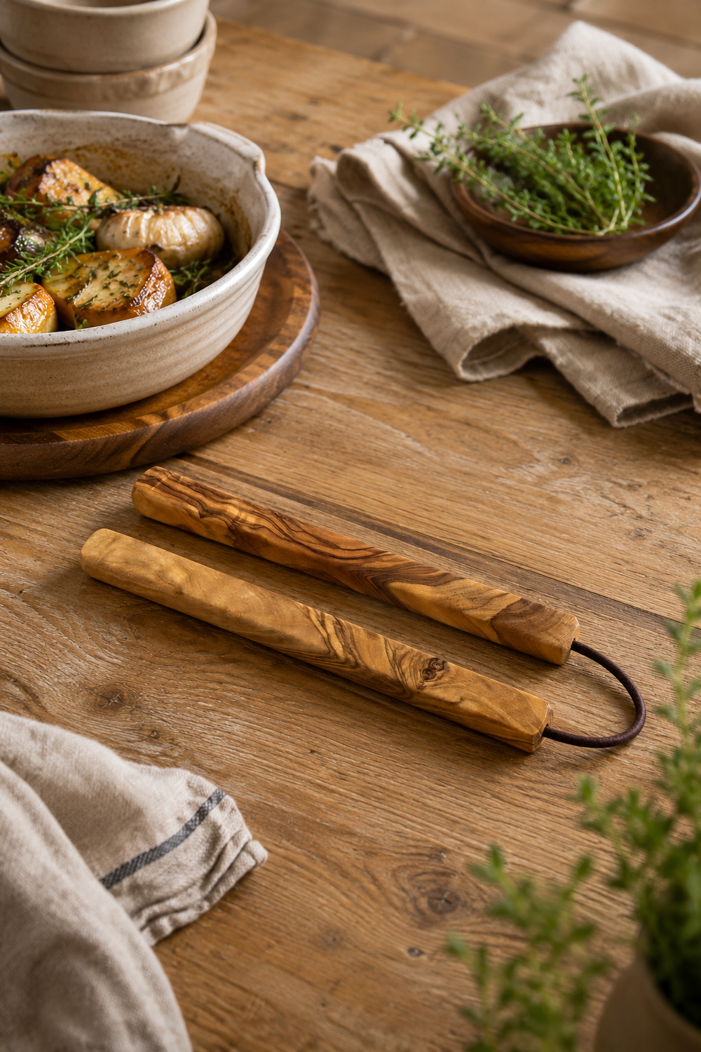 Bar-style olive wood trivet for table serving
