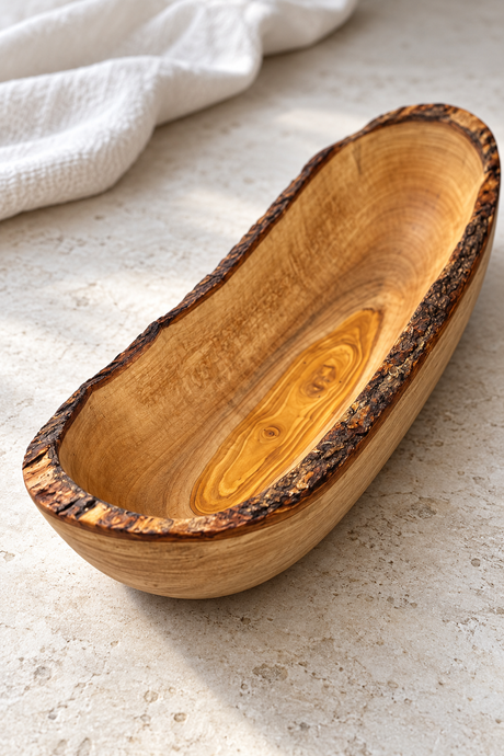 A long oval wooden serving bowl with a dark bark-like rim, filled with sliced rustic bread on a light linen tablecloth. A small dish of olive oil, a glass of water, and a plate are partially visible around it.