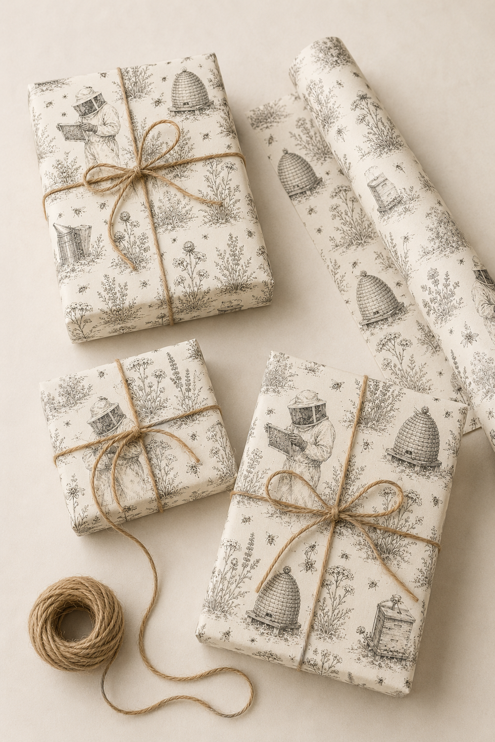 Bee gift wrap with hives, beekeeper, smoker tin and countryside meadow details.