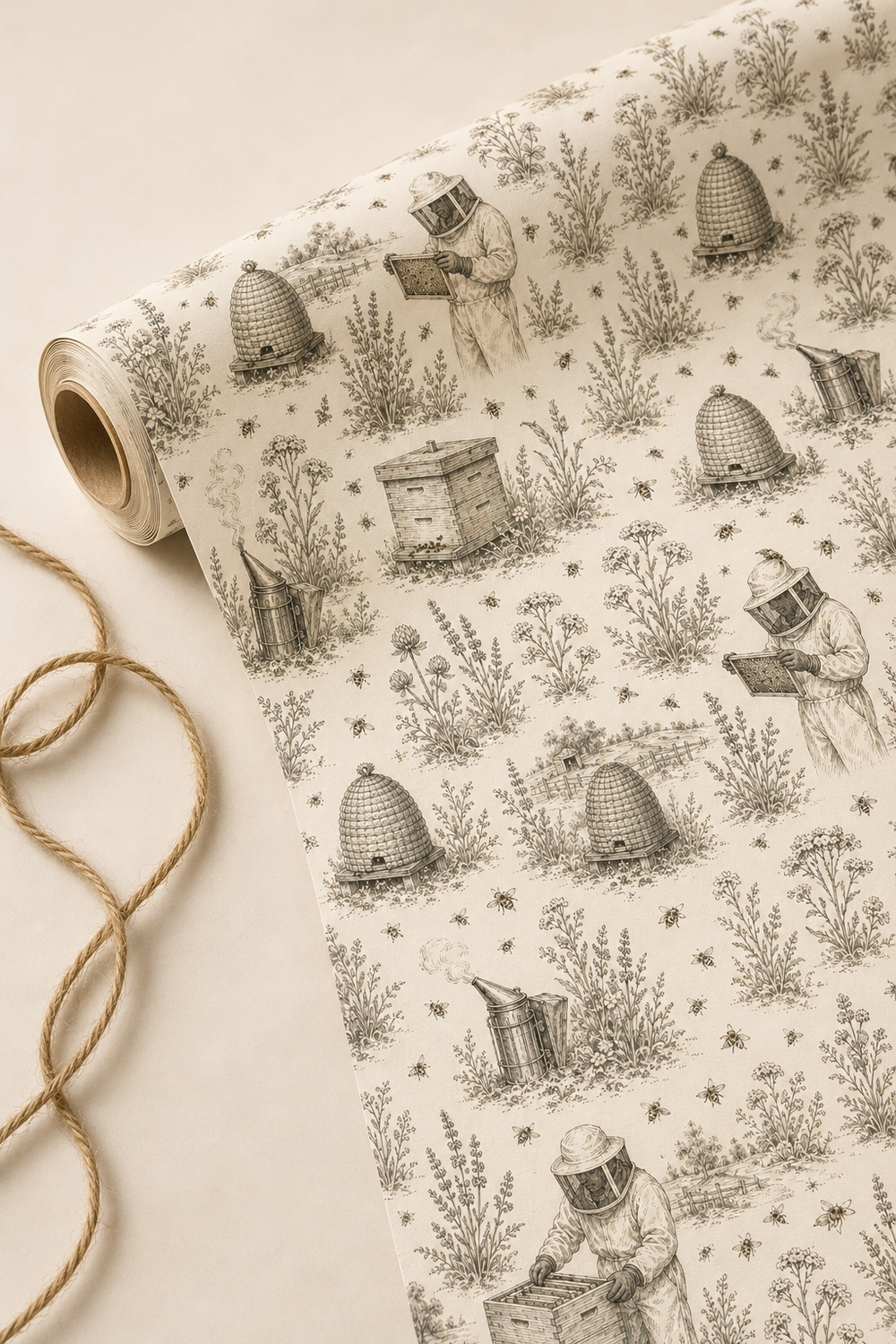 Beekeeper’s Meadow wrapping paper with vintage bee and beekeeping pencil sketch artwork.