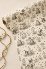 Beekeeper’s Meadow wrapping paper with vintage bee and beekeeping pencil sketch artwork.