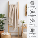 Beige chevron patterned blanket on a wooden ladder with home decor elements and product features displayed.
