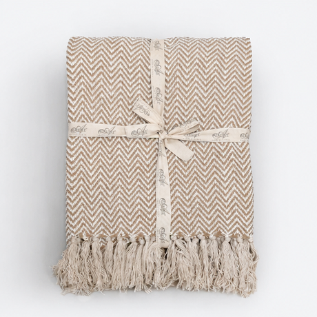  a beige herringbone patterned throw blanket 