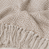 a beige herringbone patterned throw blanket with tassels