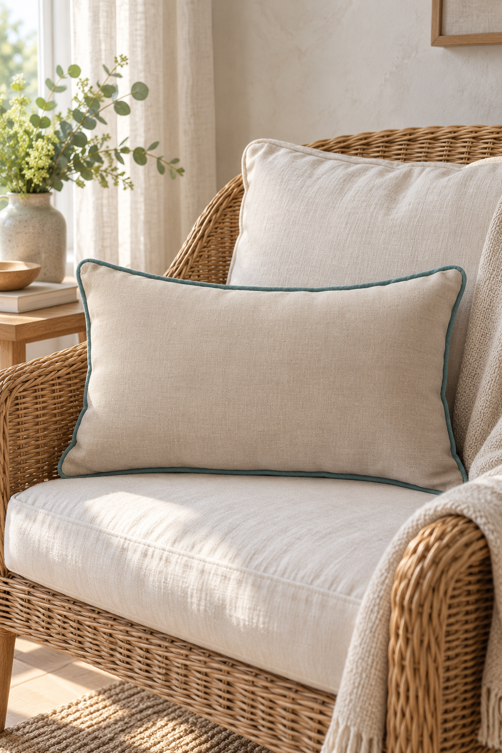 A linen cushion with duck egg piping resting on a wicker armchair with a cream cushion and a knit blanket in a bright, sunlit room.
