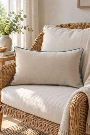 A linen cushion with duck egg piping resting on a wicker armchair with a cream cushion and a knit blanket in a bright, sunlit room.
