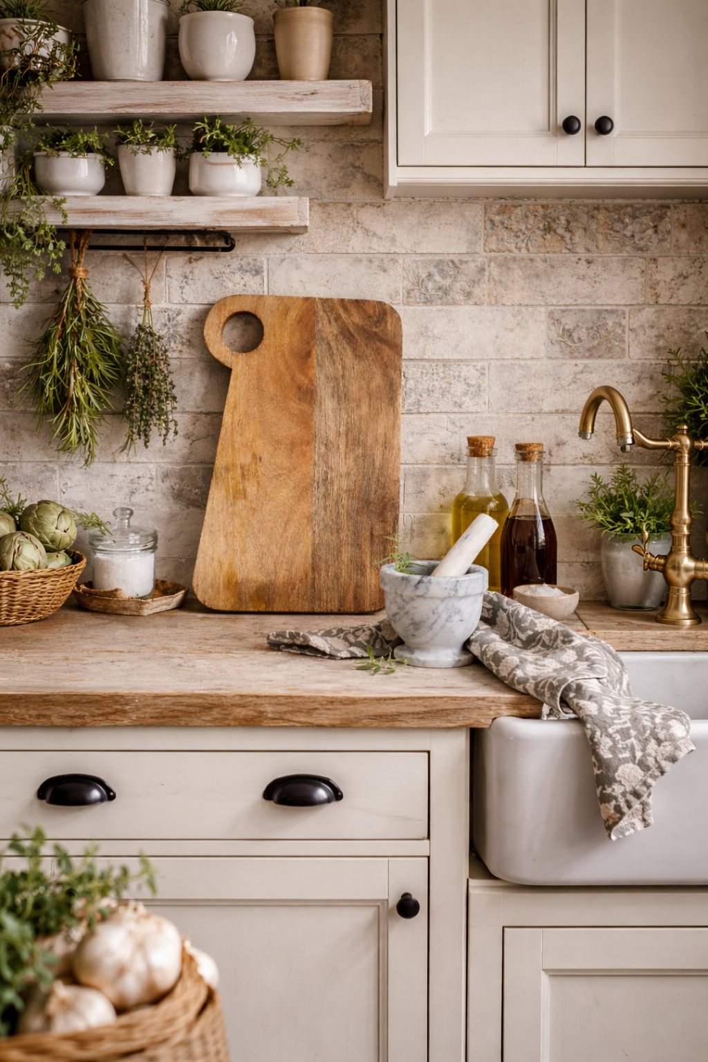Kitchen counter with wooden cutting board, mortar and pestle, and various kitchen items.