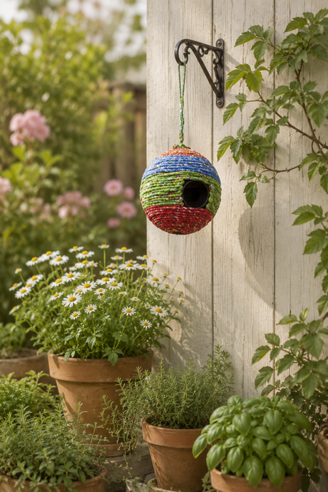 Colorful birdhouse hanging on a wooden wall with plants and flowers in the background