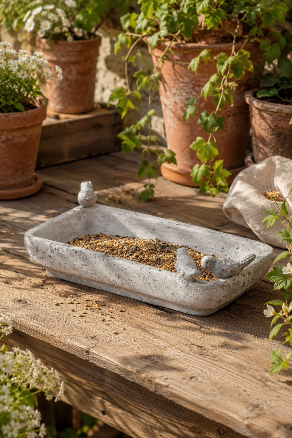 Cement bird bath with seeds on a wooden surface surrounded by potted plants