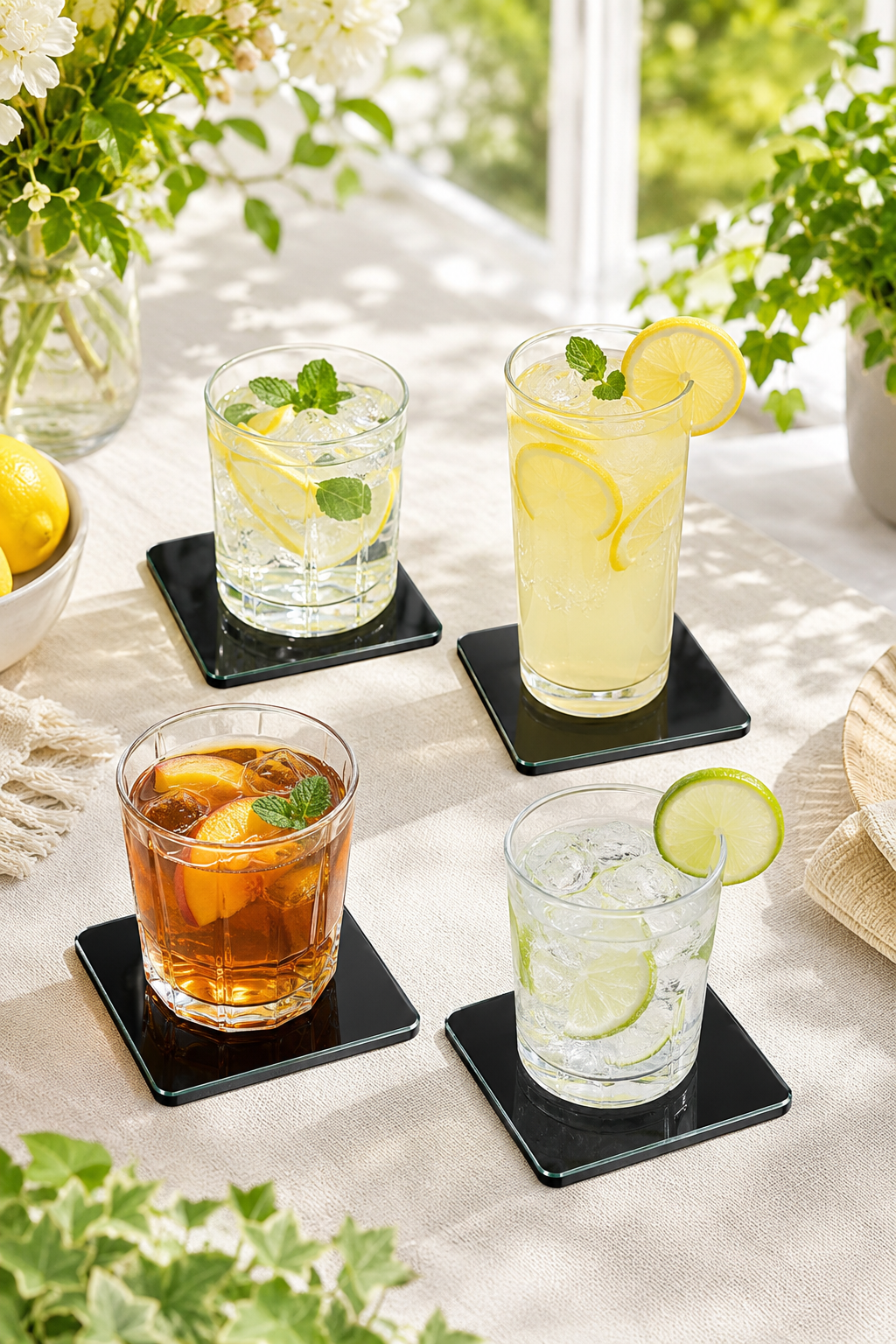 Four glasses of iced drinks with lemon and lime slices on a table with a light background.