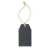 Black rectangular slate tag with a string on a white background