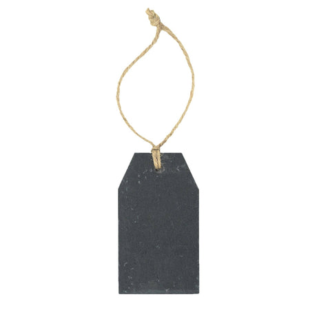 Black rectangular slate tag with a string on a white background