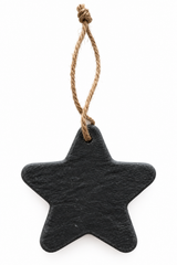 A five-pointed star-shaped black stone ornament with a natural jute hanging string, shown against a plain white background.