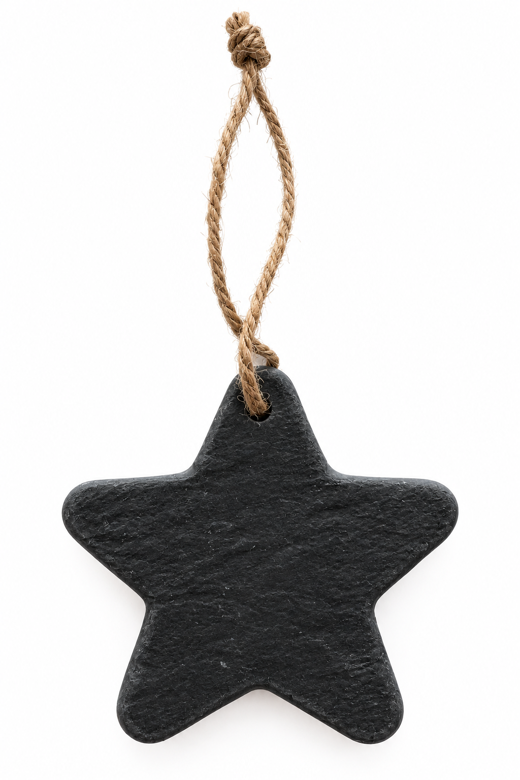 A five-pointed star-shaped black stone ornament with a natural jute hanging string, shown against a plain white background.