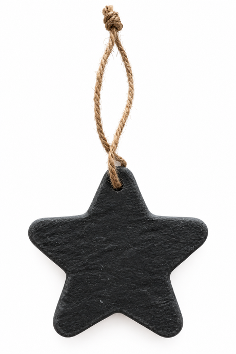 A five-pointed star-shaped black stone ornament with a natural jute hanging string, shown against a plain white background.