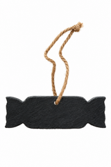 A black slate Christmas ornament shaped like a Slate Cracker Christmas Decoration, featuring a natural jute hanging twine loop, shown against a plain white background.