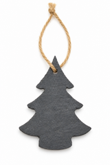 A dark grey slate Christmas tree gift tag with a natural jute hanging string, shown against a plain white background.