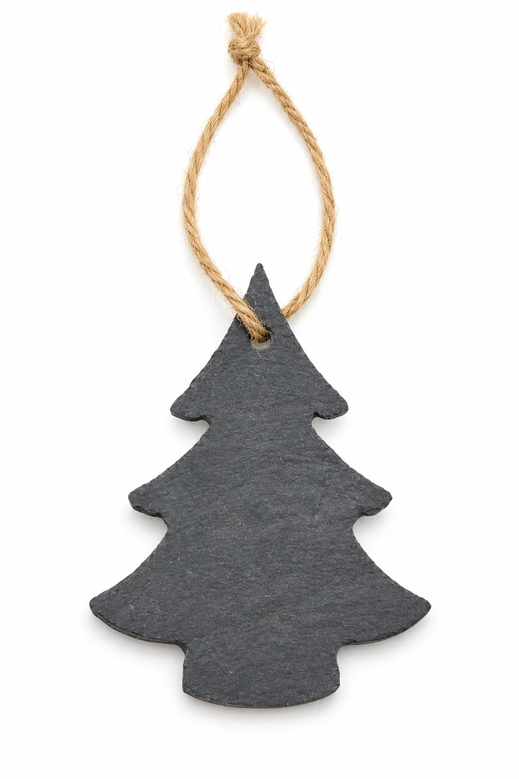 A dark gray slate Christmas tree ornament with a natural jute hanging string, shown against a plain white background.