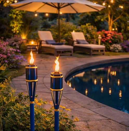outdoor settings with blue torches illuminating garden and pool areas.