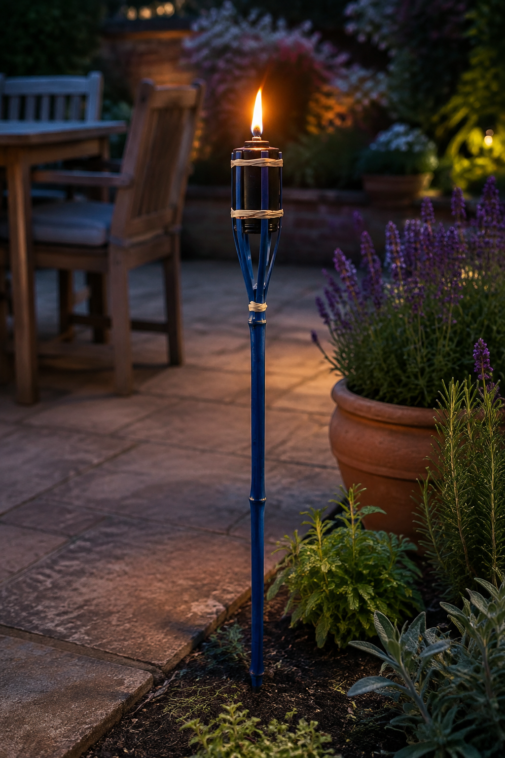 A lit blue garden torch light with gold accents stands in a stone patio garden bed next to potted purple flowers at dusk.