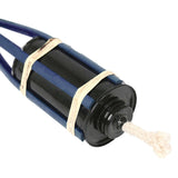 Black cylindrical object with blue accents and a beige strap on a white background