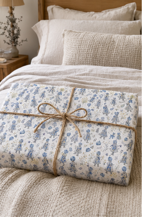 A wrapped rectangular Gift tied with twine sits on a bed with cream bedding and pillows. The package has a white background with a delicate blue girls in dress with blue bonnet pattern.
