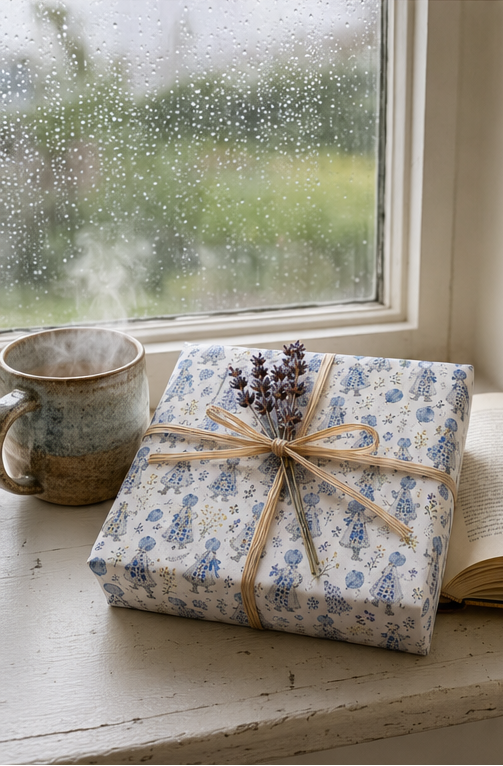 A wrapped gift box with a blue and white floral pattern, tied with a natural twine bow and decorated with dried lavender, sits on a rustic windowsill next to a steaming ceramic mug and an open book, with raindrops visible on the window.