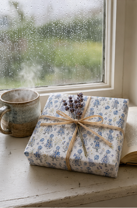 A wrapped gift box with a blue and white floral pattern, tied with a natural twine bow and decorated with dried lavender, sits on a rustic windowsill next to a steaming ceramic mug and an open book, with raindrops visible on the window.