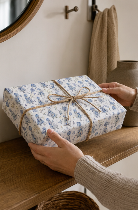 A wrapped gift box with a blue and white floral pattern and a natural twine bow, held by hands on a wooden shelf in a warm indoor setting.