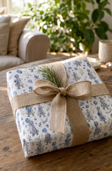 A wrapped gift box on a wooden table in a cozy living room setting, featuring blue and white bonnet Girl patterned wrapping paper with a rustic burlap ribbon bow and a small green sprig.