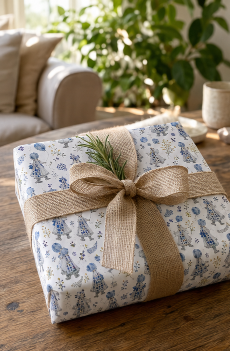 A wrapped gift box on a wooden table in a cozy living room setting, featuring blue and white bonnet Girl patterned wrapping paper with a rustic burlap ribbon bow and a small green sprig.