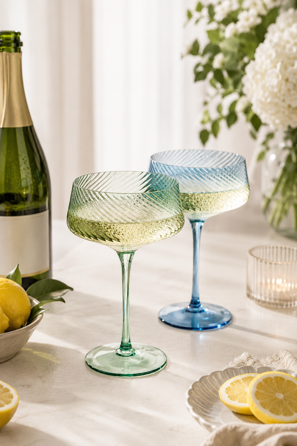 Blue & Green Twist Champagne Coupe Glasses with a bottle of champagne and lemons on a table.