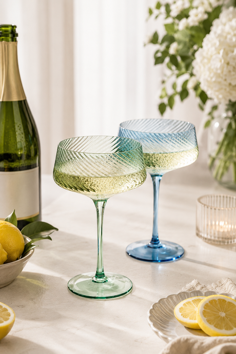 Blue & Green Twist Champagne Coupe Glasses with a bottle of champagne and lemons on a table.