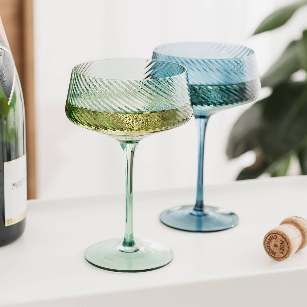 Blue & Green Twist Champagne Coupe Glasses – Set of 2